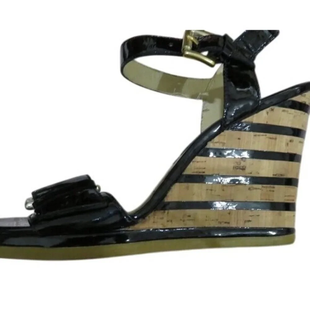 Michael Kors Embellished Buckled Black Italian Leather Wedge sandals heels